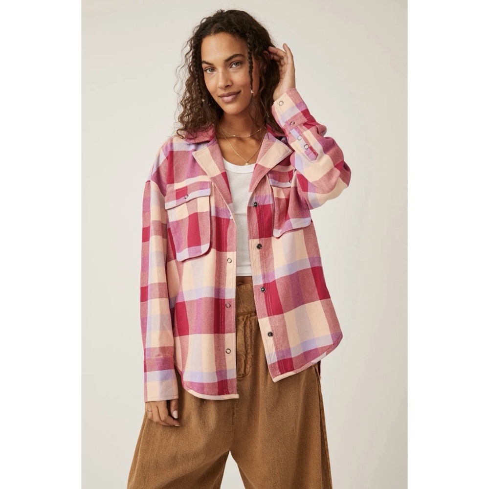 Free People We The Free Izzie Cargo Shirt Pink Plaid Womens XL Boho Utility
